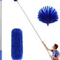 Cobweb Duster with Extension Pole, Washable Cleaning Duster Kit with 2 Duster Heads, Cobweb Duster, Corner Brush, Aluminum Telescoping Pole for Ceiling Fan (Blue)
