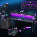 AODK 59 Inch Gaming Desk with USB Charging Ports & LED Light- Reversible Computer Desk with Storage Shelves & Monitor Stand, Modern Gamer Desk Table with Fabric Drawers & Side Hook, Carbon Fiber Black