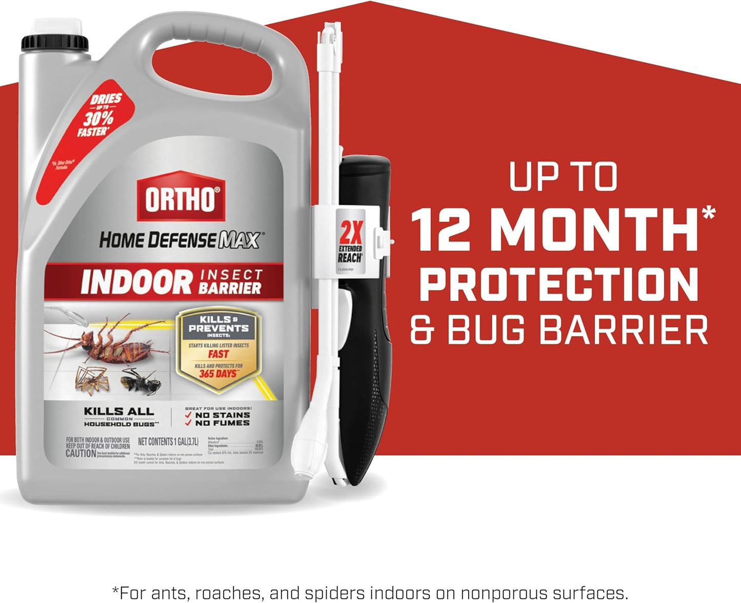 Ortho Home Defense Max Indoor Insect Barrier with Extended Reach Comfort Wand, Kills Ants, Roaches, Spiders, Fleas and Ticks, 1 gal.