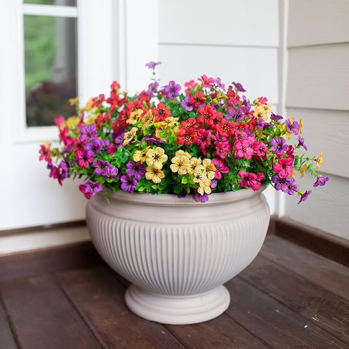 Artificial Flowers for Outdoor Indoor Garden Home Decoration, Faux Flower Daisy with Eucalyptus Leaves Fake Plants Greenery Boxwood Porch Patio, 12 Bundles (Mix Pink Red Purple Yellow) - Cart Shape