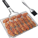 Fish Grilling Basket, Folding Portable Stainless Steel BBQ Grill Basket for Fish Vegetables Shrimp with Removable Handle, Come with Basting Brush and Storage Bag