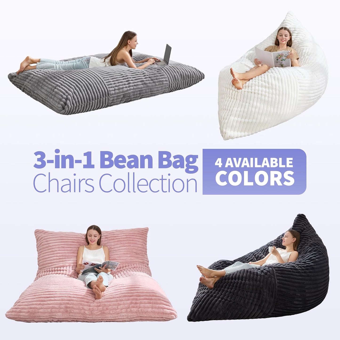 Hobestluk 3 in 1 Bean Bag Chair Giant Bean Bag Chairs Convertible Bean Bag Floor Cushion with Machine Washable Cover, Beanbag Chairs for Adult (Dark Grey)