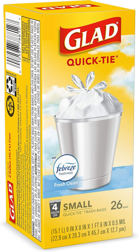Glad OdorShield Small Trash Bags, Febreze Fresh Clean, 4 Gal, 26 Ct (Package May Vary)