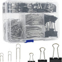 Assorted Size Binder Clips & Jumbo Paper Clips Set - 340pcs Black, Large for Office & School Supplies, in Container with Compartments