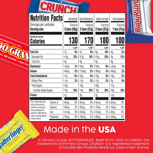 Butterfinger, CRUNCH, Baby Ruth, 100 Grand Fun Size Assorted Candy Bars, Great for Sharing, Bulk 60 Count Pack, 37.2 oz