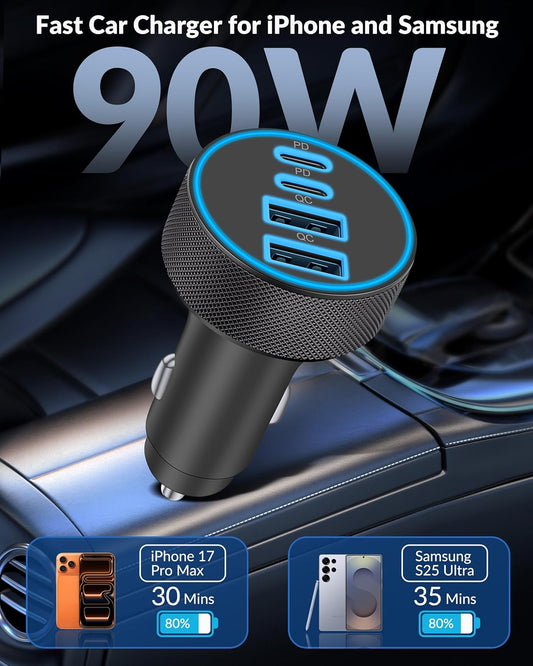 [4 in 1] USB C Car Charger, 4-Port 90W Super Fast Charging Cigarette Lighter Adapter, Dual 45W USBC & USB-A Multiport Car Phone Charger Accessories for iPhone 17 16 15 14 13 12, iPad, Galaxy, Tablet