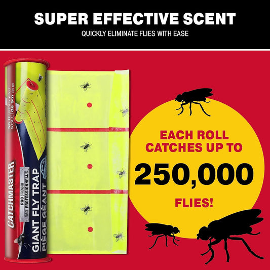 Catchmaster Giant Fly Glue Trap 3-Pack 30 Feet Each, Adhesive Fly Traps Outdoor, Sticky Bug Catcher, Bulk Flying Insect Paper Roll, Pet Safe Pest Control for Garage, Barn, Greenhouse & Garbage Room