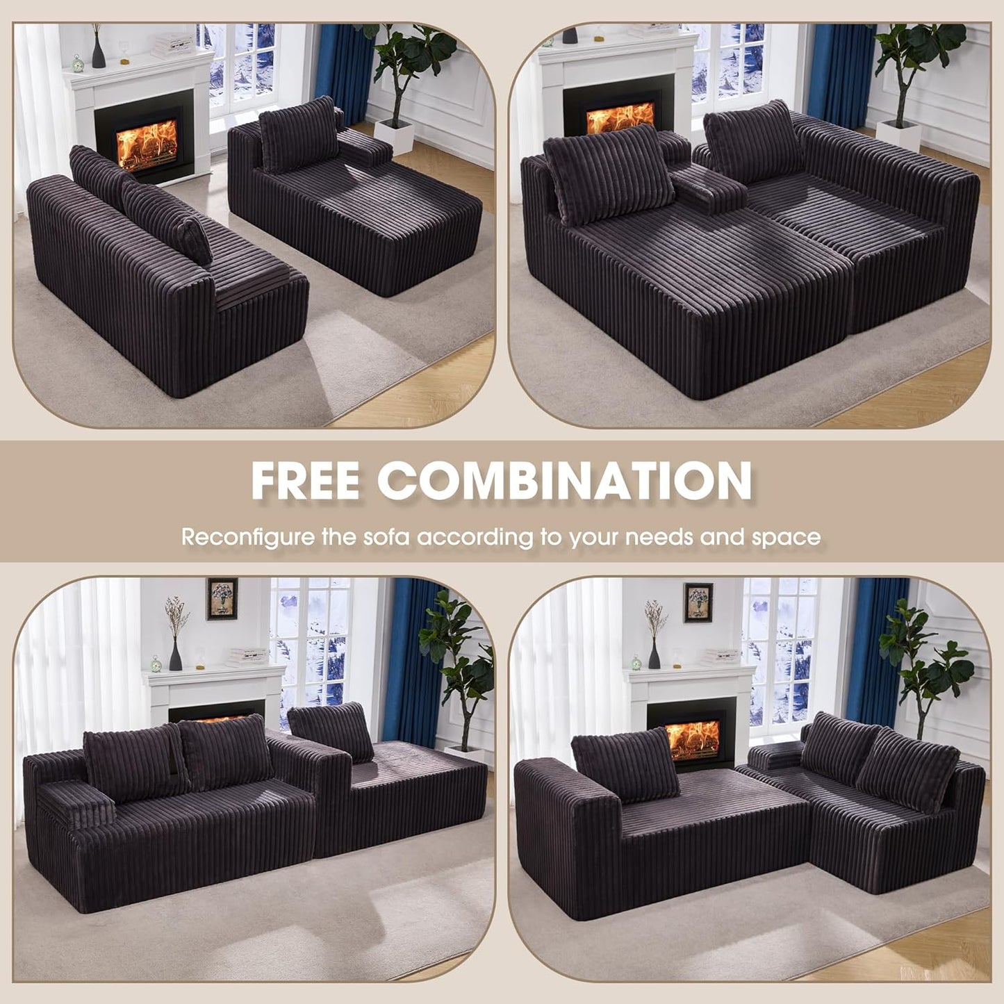 Hobestluk 96” Modular Sectional Sofa Couches L-Shape Couch 3 Seat Modular Sofa Memory Foam Sectional Couches for Living Room, Cloud Couch with Oversized Chaise (Grey, Stripe (Right Facing Chaise))