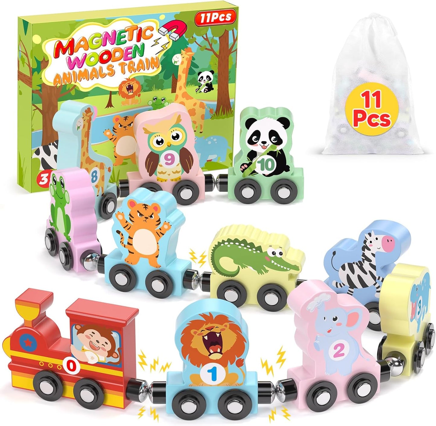 11 Pcs Magnetic Train Set Montessori Toys for Toddlers Boys Girls, Wooden Animals Preschool Learning Activities Educational Sensory Toys Stocking Stuffers Birthday Gifts