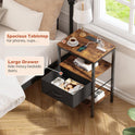 SUPERJARE Nightstand with Charging Station, Bed Side Table with Adjustable Fabric Drawer, Night Stand for Bedroom, 3-Tier Storage End Table, for Living Room, Rustic Brown and Black