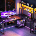 ODK 53 Inch L Shaped Desk with LED Lighting, Reversible Gaming Desk with Power Outlets, Cornor Computer Table with Storage Shelves & Bag & Iron Hook, Home Office Table for Writing, Study, Black