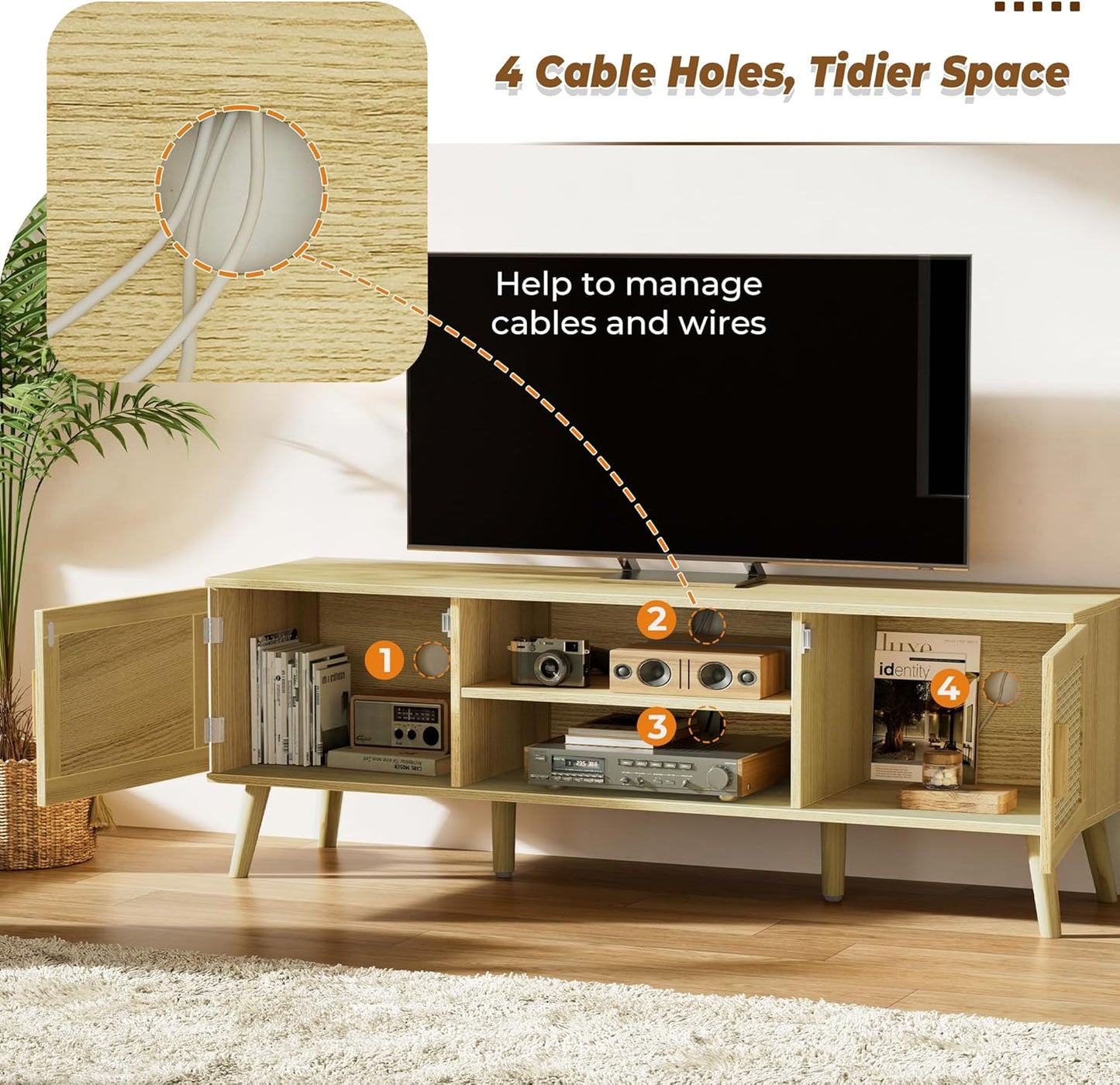 SUPERJARE Boho TV Stand for 65 Inch TV, Entertainment Center with Adjustable Shelf, Rattan TV Console with 2 Cabinets, Media Console, Solid Wood Feet, 4 Cord Holes, for Living Room - Natural, 8782T