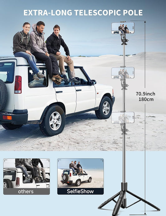 71" Phone Tripod & Selfie Stick, All in One Extendable Cell Phone Tripod with Wireless Remote, Tripods Stand for iPhone & Travel Selfie Stick 360° Rotation Compatible with iPhone Android, Camera