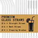 Piteno® 16-Pack Reusable Glass Straws Set, Clear Glass Drinking Straws, 8.5''x10MM, Set of 6 Straight and 6 Bent with 4 Cleaning Brushes, Perfect for Smoothies, Milkshakes, Juice, Tea