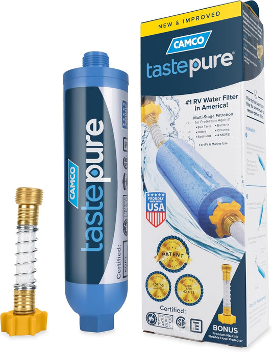 Camco Tastepure RV Water Filter - Advanced RV Inline Water Filter with Flexible Hose Protector - GAC & KDF Filtration - Made in USA - Camping Essentials for Fresh Drinking Water (40043)