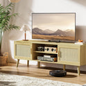 SUPERJARE Boho TV Stand for 65 Inch TV, Entertainment Center with Adjustable Shelf, Rattan TV Console with 2 Cabinets, Media Console, Solid Wood Feet, 4 Cord Holes, for Living Room - Natural, 8782T