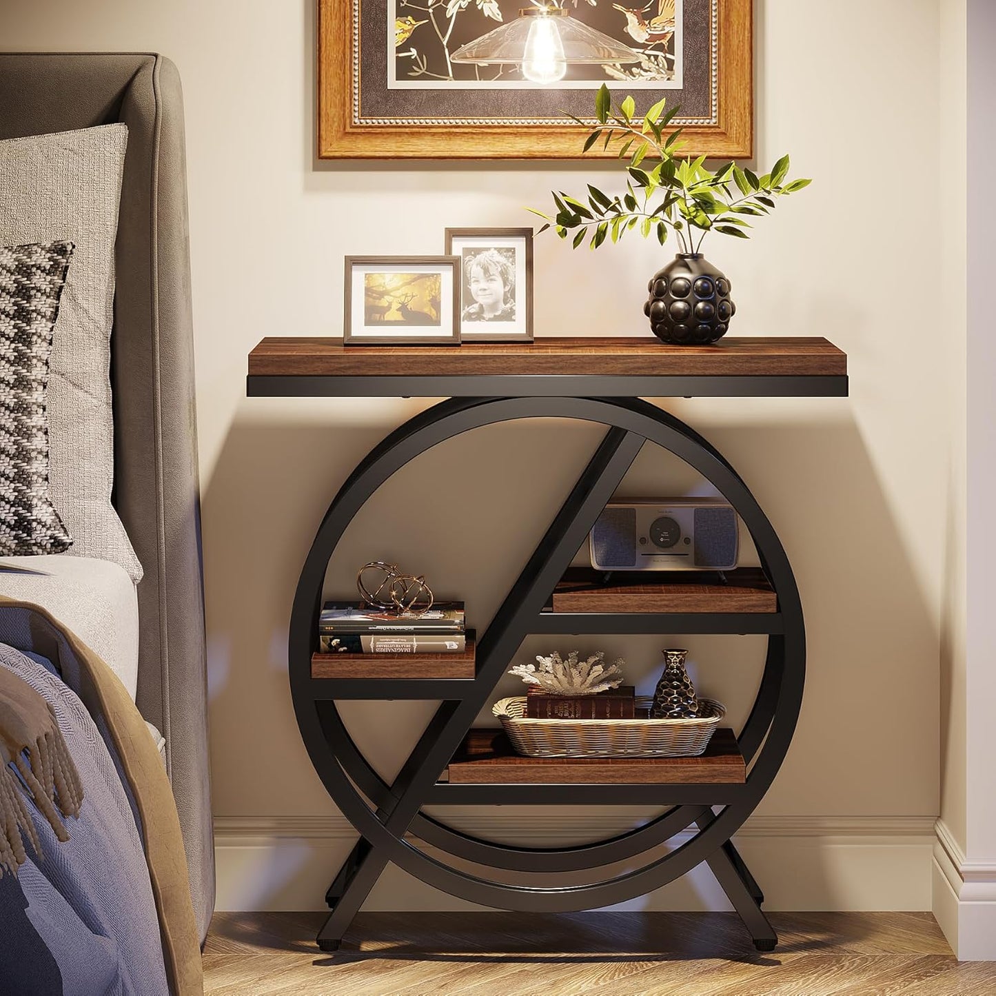Tribesigns End Table for Living Room, 3-Tier Narrow Side Table with Storage, Wood Sofa Side Table with Geometric Metal Frame, Industrial Nightstand and Bedside Table for Bedroom