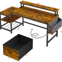 EnHomee 57" Office Desk with Drawers and Printer Space,Computer Desk with Power Outlets,Home Office Desks with File Drawers Cabinet,Study and Gaming Desk with Shelves Monitor Stand,Rustic Brown