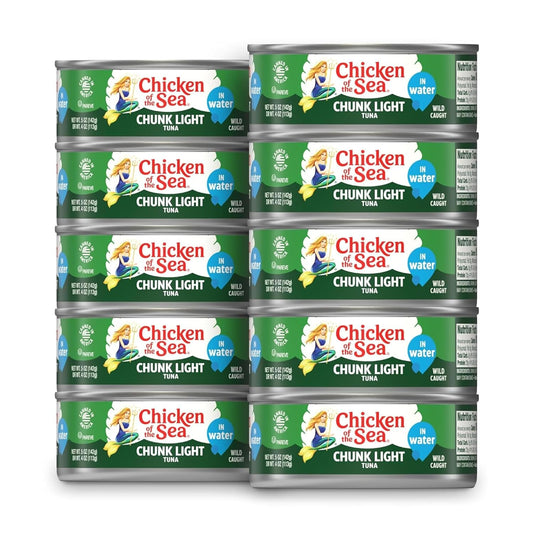 Chicken of the Sea Wild Caught Chunk Light Tuna, 5 Ounce Cans, 10-Count – High Protein 100% Classic Chunk Tuna in Water – Delicious, Easy, Nutritious Ready to Eat Meals