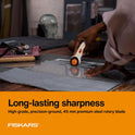 Fiskars 45mm Rotary Cutter for Fabric, Premium Steel Stick Fabric Cutter Cuts Through Multiple Layers, Right and Left Handed, Easy and Safe Blade Change, Arts and Crafts, Sewing and Quilting Tools