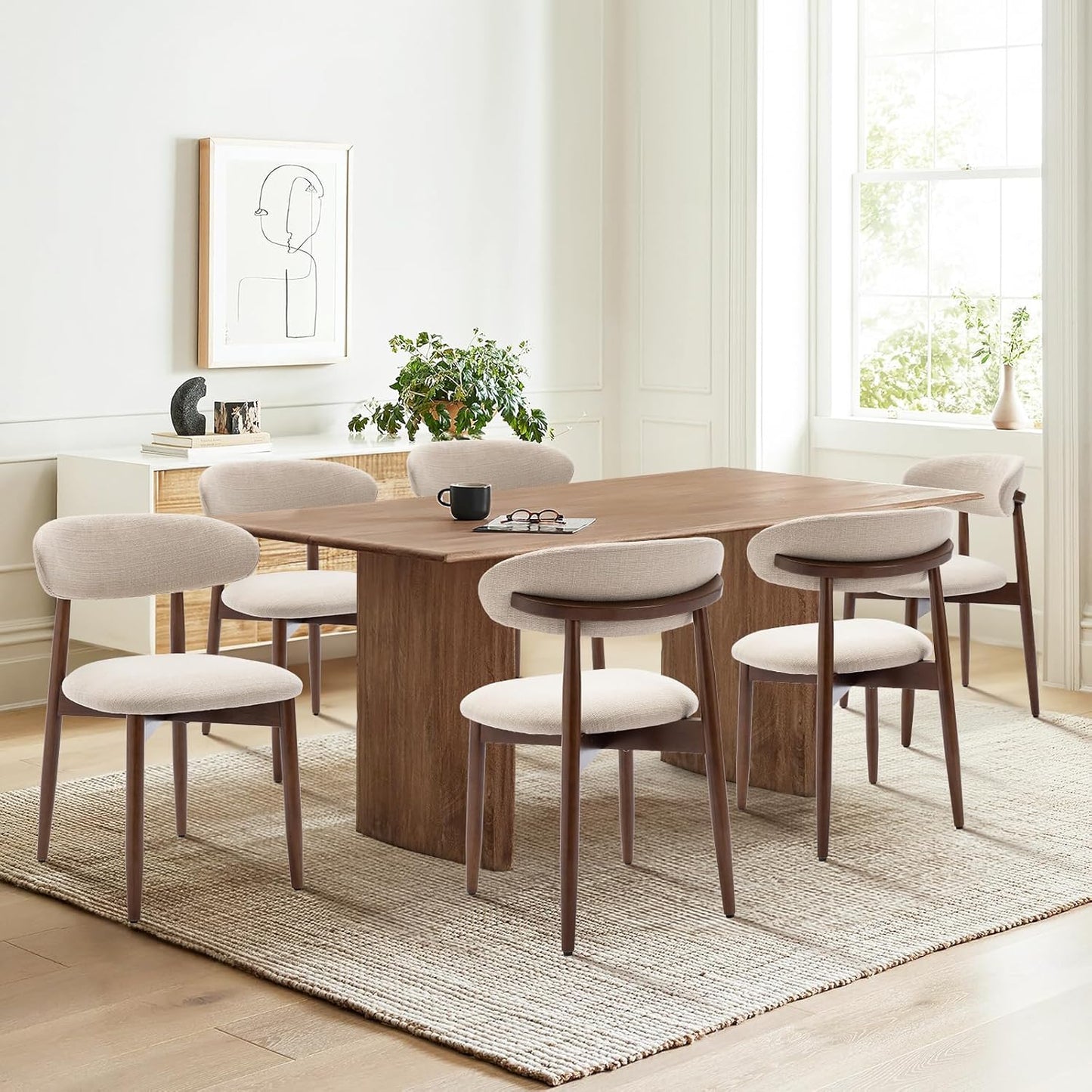 COLAMY Wooden Dining Chairs Set of 4, Modern Fabric Upholstered Kitchen Side Chairs, Farmhouse Dining Room Chair with Foot Pegs, Beige