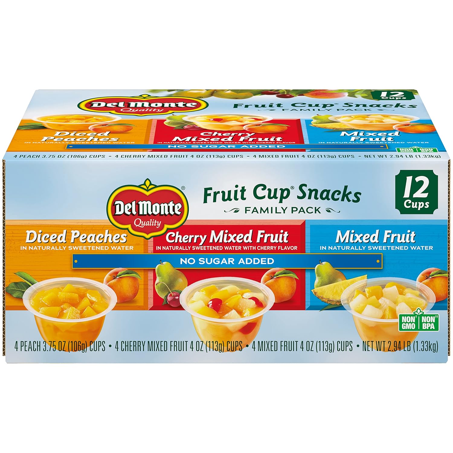 Del Monte FRUIT CUP Snacks, Family Pack, No Sugar Added, 12-Pack, 4 oz ...