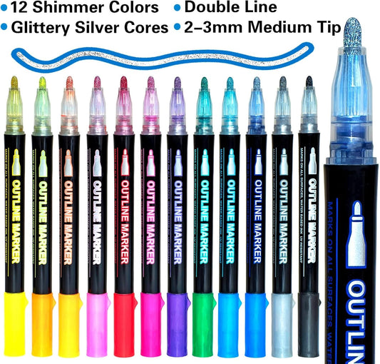 Glitter Markers Self Outline Pens Metallic: 12 Shimmer Tween Teen Girl Gifts Trendy Stuff,Drawing Art Supplies Kids 6-8 9-12 10-12,Arts Crafts Kids Ages 8-12 Year Old,Cute Cool Fun Crafts Girls 8-12