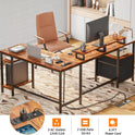 Furologee 66” L Shaped Desk with Power Outlet, Reversible Computer Gaming Desk with File Drawer & 2 Monitor Stands for Home Office with Storage Shelves, Rustic Brown