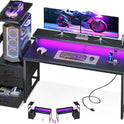 AODK 59 Inch Gaming Desk with USB Charging Ports & LED Light- Reversible Computer Desk with Storage Shelves & Monitor Stand, Modern Gamer Desk Table with Fabric Drawers & Side Hook, Carbon Fiber Black