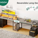 AODK 66" L Shaped Desk, 113" Computer Desk with File Cabinet & 4 Fabric Drawers, Home Office Desk with Monitor Shelf & Power Outlet, Two Person Desk or Corner Desk, Gaming Table with LED Light, Grey