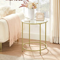 VASAGLE Round Side Table, Glass End Table with Metal Frame, Gold Coffee Table with Modern Style, for Living Room, Balcony, Bedroom, Gold Color
