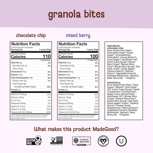 MadeGood Granola Bites Chocolate Chip & Mixed Berry Variety Pack (28 Count) Gluten Free and Organic Snacks