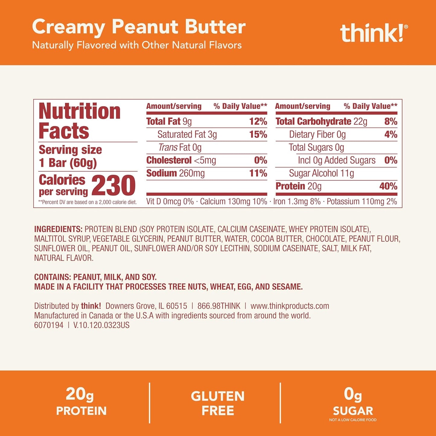 think! Protein Bars, High Protein Snacks, Gluten Free, Kosher Friendly, Creamy Peanut Butter, Nutrition Bars, 2.1 Oz per Bar, 12 Count (Packaging May Vary)