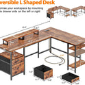 Furologee 66” L Shaped Desk with Power Outlet, Reversible Computer Gaming Desk with File Drawer & 2 Monitor Stands for Home Office with Storage Shelves, Rustic Brown