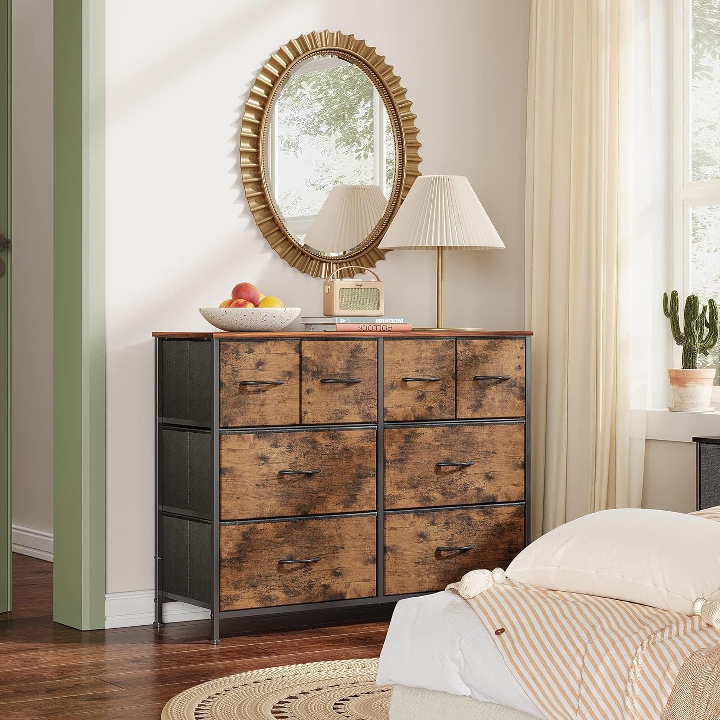 WLIVE Dresser for Bedroom with 8 Drawers, Wide Fabric Dresser for Storage and Organization, Bedroom Dressers, Chest of Drawers for Living Room, Closet, Entryway, Rustic Brown Wood Grain Print