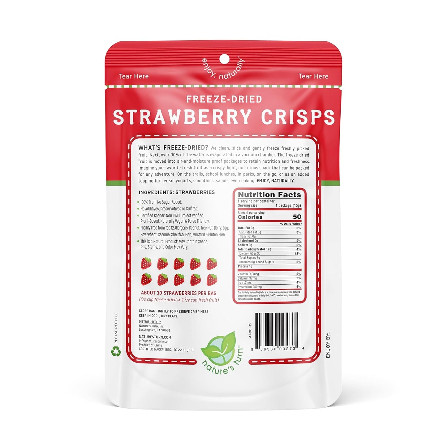 Nature’s Turn Freeze-Dried Strawberry Crisps – Healthy, Gluten-Free, Crispy & Delicious, Plant-Based Snack, Ideal for Cereal, Smoothies, School Lunches, & On-the-Go, Bags of 6 (0.53 oz Each)