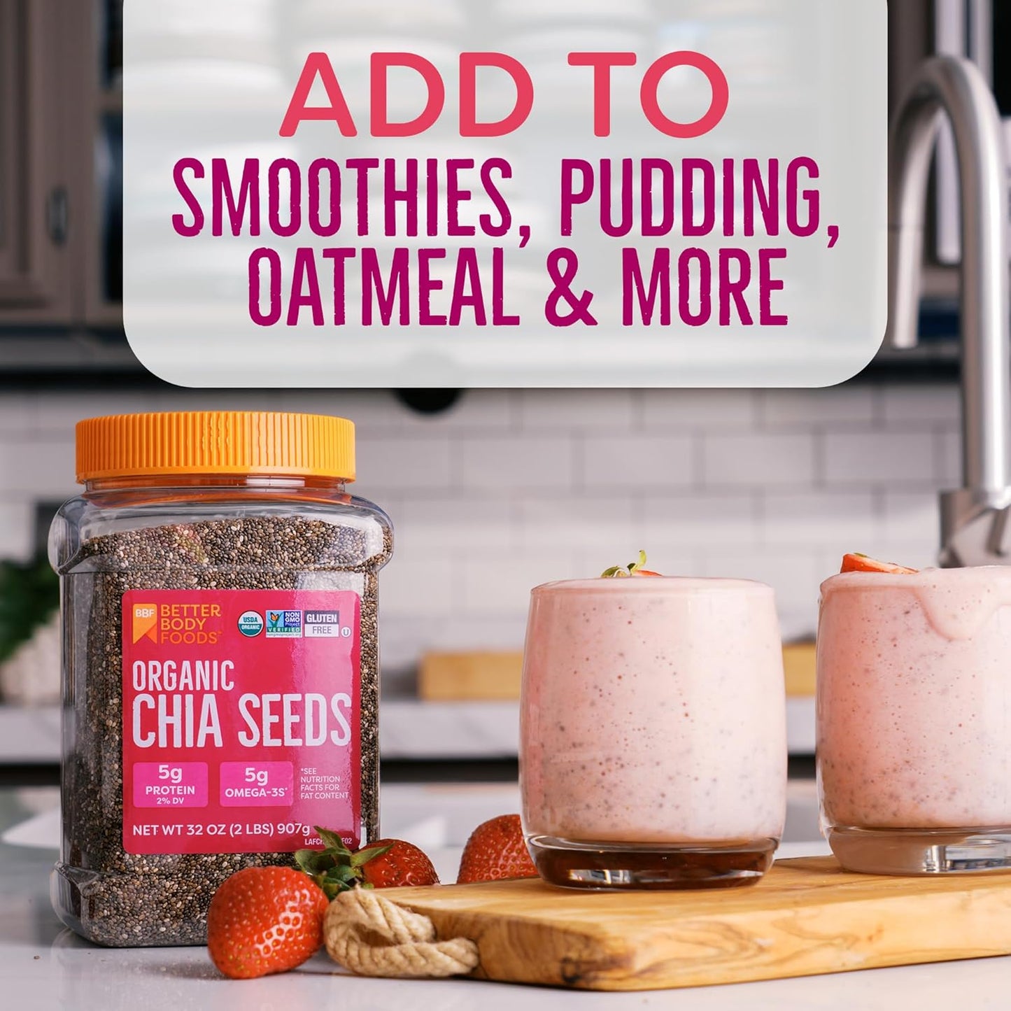 BetterBody Foods Organic Chia Seeds 2 lbs, 32 Oz, with Omega-3, Non-GMO, Gluten Free, Keto Diet Friendly, Vegan, Good Source of Fiber