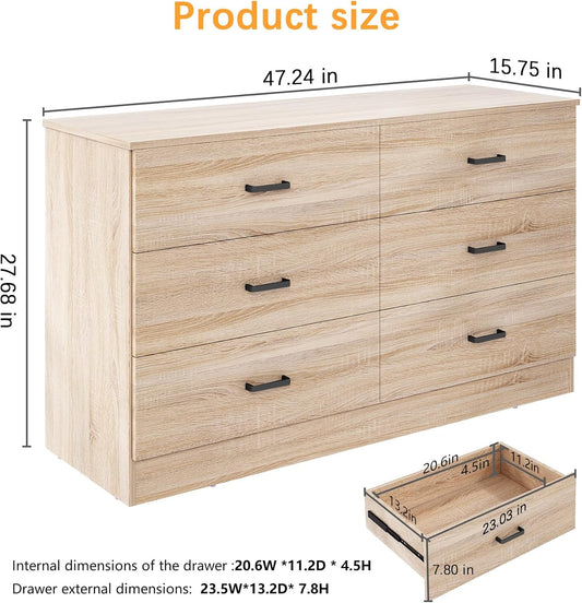 Bigbiglife Dresser for Bedroom, 6 Drawer Double Dresser, Modern Chest of Drawers with Deep Drawers, TV Stand Large Storage Organizer for Living Room, Closet (Light Oak)