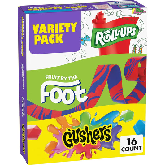 Fruit by the Foot Snacks Variety Pack - Fruit Roll-Ups, Gushers, Gluten Free Gummy Kids Snack, Good Source of Vitamin C, 16 Individually Wrapped Pouches, Perfect for On The Go, 10.2 oz Box