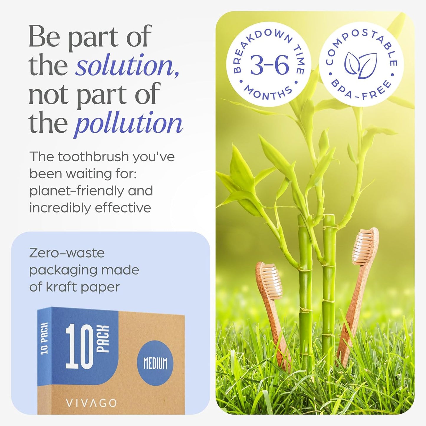 Bamboo Toothbrushes Medium Bristles 10 Pack - BPA Free Medium Bristles Toothbrushes for Adults - Eco-Friendly, Natural Wooden Toothbrush