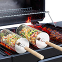 Nesting Grill Baskets (2PCS) with Removable Wooden Handle, Stainless Steel BBQ Tools - Cart Shape
