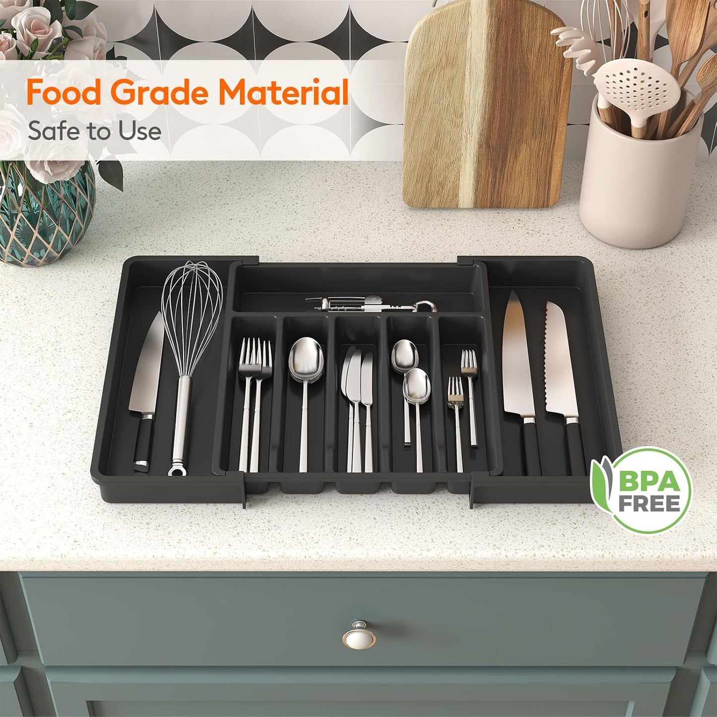 Lifewit Large Silverware Drawer Organizer, Expandable Utensil Tray for Kitchen, BPA Free Flatware and Cutlery Holder, Adjustable Plastic Storage for Spoons Forks Knives, Large, Black