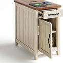LINSY HOME Farmhouse End Table with Charging Station, Narrow Side Table for Living Room, Sofa Side Table with Drawer and Storage Cabinet, Small Nightstand for Home Office