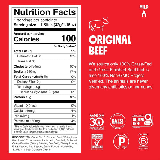 Chomps Grass-Fed and Finished Original Beef Jerky Snack Sticks 10-Pack - Keto, Paleo, Whole30, 10g Lean Meat Protein, Gluten-Free, Zero Sugar Food, Non-GMO