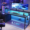 AODK 59 Inch Gaming Desk with USB Charging Ports & LED Light- Reversible Computer Desk with Storage Shelves & Monitor Stand, Modern Gamer Desk Table with Fabric Drawers & Side Hook, Carbon Fiber Black