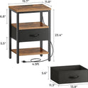 SUPERJARE Nightstand with Charging Station, Bed Side Table with Adjustable Fabric Drawer, Night Stand for Bedroom, 3-Tier Storage End Table, for Living Room, Rustic Brown and Black