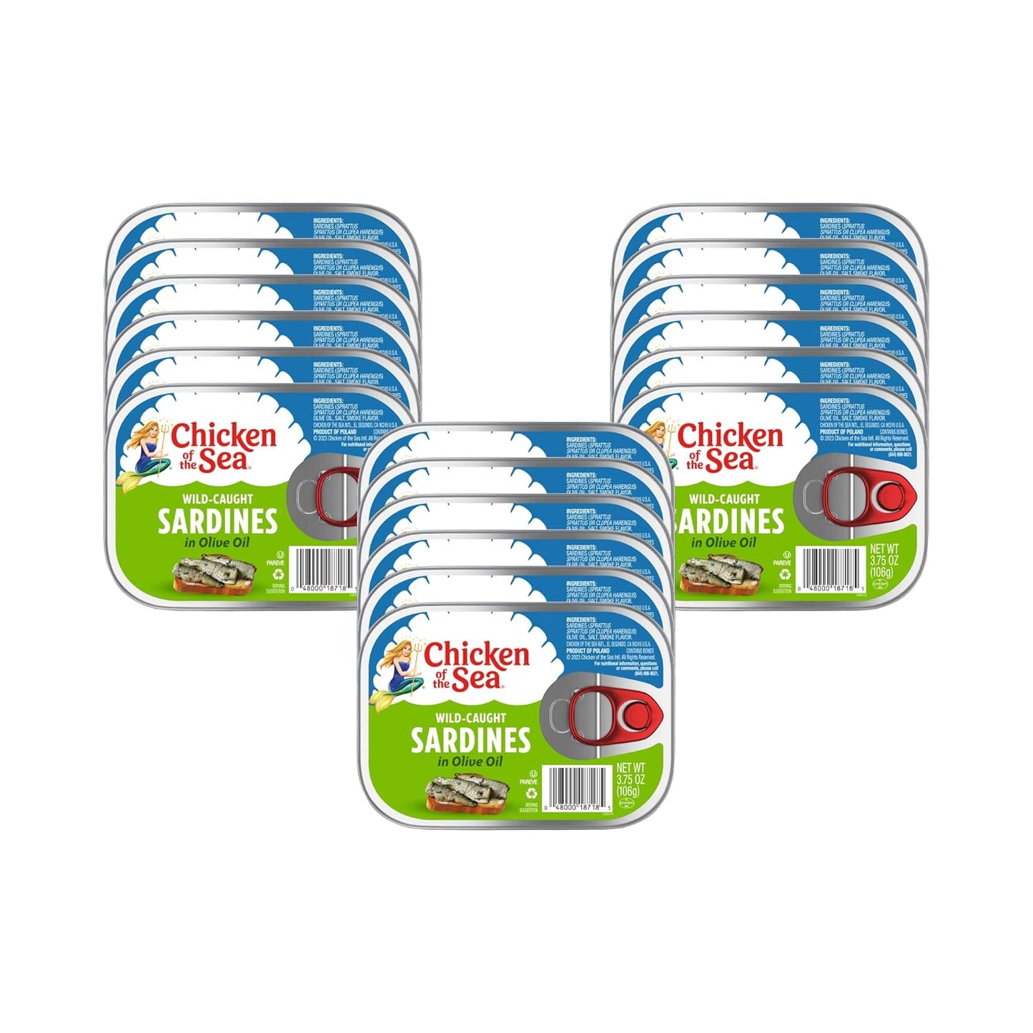 Chicken of the Sea Sardines in Olive Oil, 3.75 oz. (Pack of 18), Wild Caught Canned Sardines, Packaging May Vary