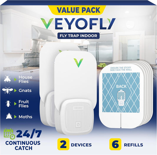 VEYOFLY Fly Trap Indoor, Fruit Fly Traps for Indoors Flying Insect (2 Device + 6 Refills) Gnat Traps for House Indoor, Bug Zapper Indoor, Gnat Killer Catcher & Fruit Fly Killer Light Plug in