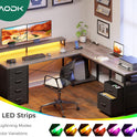 AODK 66" L Shaped Desk, 113" Computer Desk with File Cabinet & 4 Fabric Drawers, Home Office Desk with Monitor Shelf & Power Outlet, Two Person Desk or Corner Desk, Gaming Table with LED Light, Grey