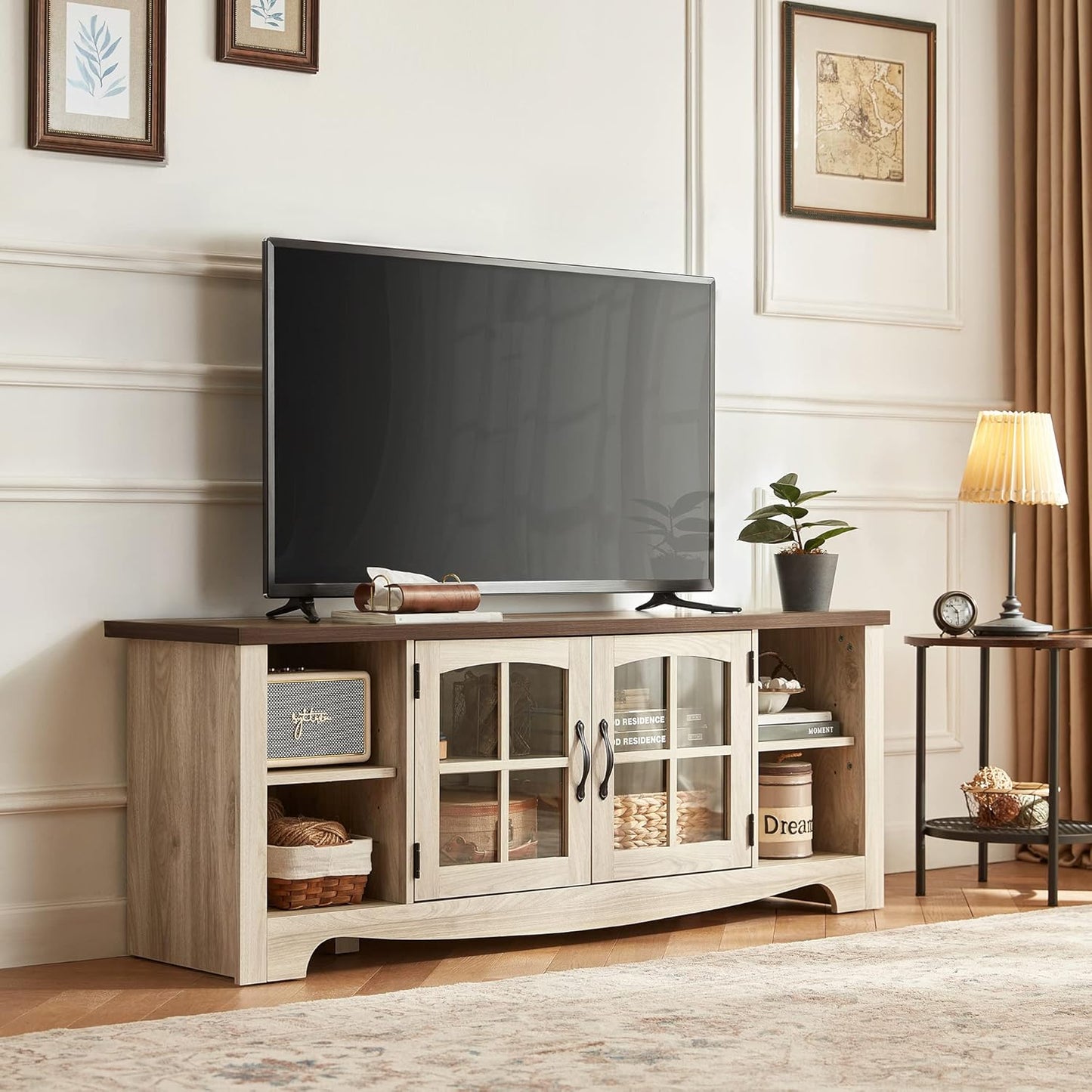 LINSY HOME Farmhouse TV Stand for 65 Inch TV, Wood Entertainment Center with Glass Door Storage Cabinet & Adjustable Shelves, Large Sturdy TV Console Table for Living Room Bedroom